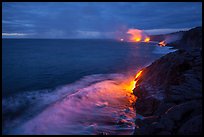 Lava reaching ocean at dawn. Hawaii Volcanoes National Park ( color)