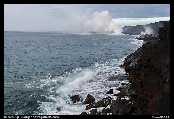 Coastline with lava ocean entries, morning. Hawaii Volcanoes National Park, Hawaii, USA.