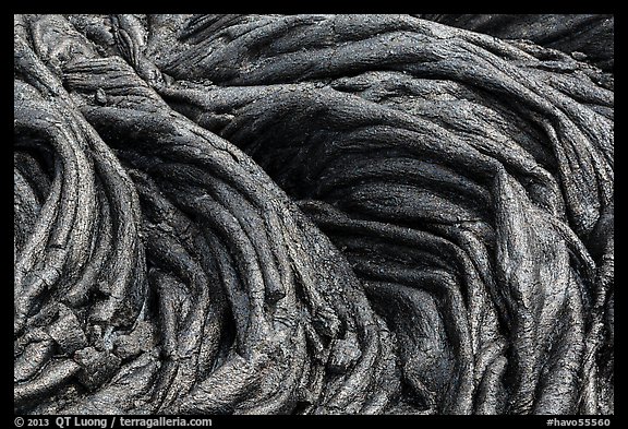 Silvery surface of fresh pahoehoe lava. Hawaii Volcanoes National Park, Hawaii, USA.