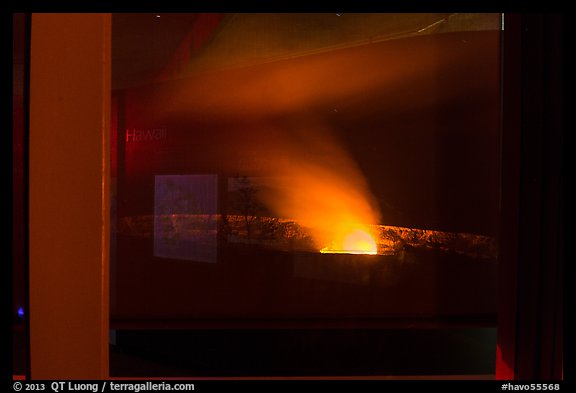 Halemaumau plume and crater at night, Jaguar Museum window reflexion. Hawaii Volcanoes National Park, Hawaii, USA.