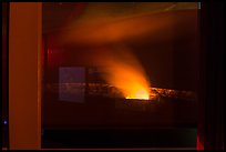 Halemaumau plume and crater at night, Jaguar Museum window reflexion. Hawaii Volcanoes National Park ( color)