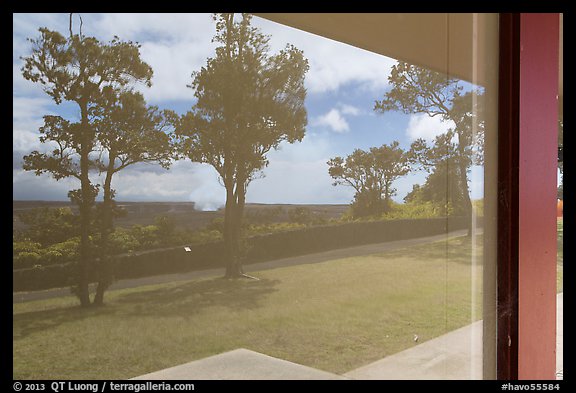 Halemaumau caldera, Volcano House window reflexion. Hawaii Volcanoes National Park, Hawaii, USA.