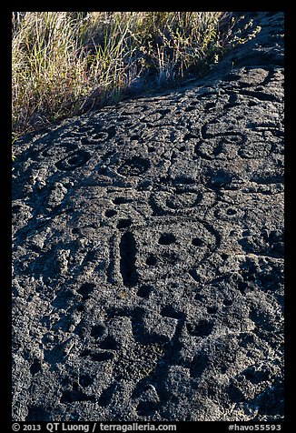 Hardened lava with panel of pecked images. Hawaii Volcanoes National Park (color)