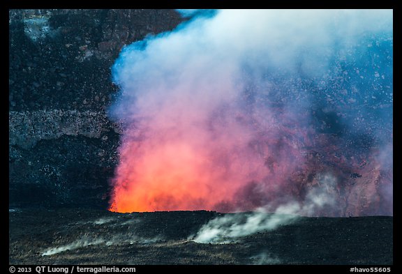 Fumeroles and plume from Halemaumau lava lake. Hawaii Volcanoes National Park (color)