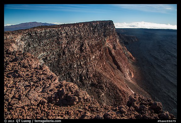 Mauna Kea, summit cliff, and Mokuaweoweo crater from top of Mauna Loa. Hawaii Volcanoes National Park (color)