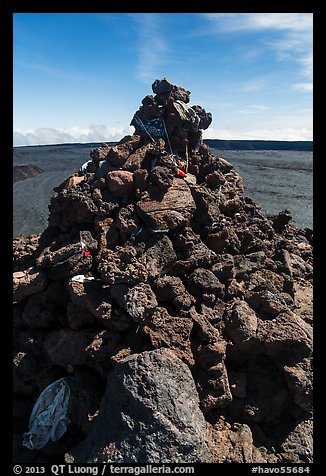 Mauna Loa summit cairn festoned with ritual offerings. Hawaii Volcanoes National Park, Hawaii, USA.