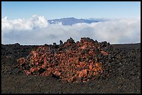 Black of colorful lava on Mauna Loa, Mauna Kea emerging from Saddle clouds. Hawaii Volcanoes National Park, Hawaii, USA. (color)