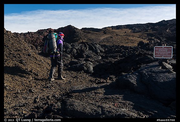 Backpacker entering park through Observatory Trail. Hawaii Volcanoes National Park, Hawaii, USA.