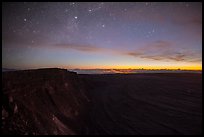 Stars, Mauna Loa summit cliffs, Mokuaweoweo crater, Halemaumau glow at dawn. Hawaii Volcanoes National Park, Hawaii, USA. (color)