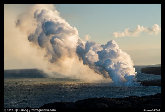 Multiple plumes from lava ocean entry. Hawaii Volcanoes National Park (color)