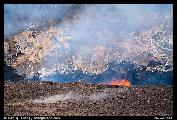 Lava fountains, fumeroles, and venting plume, Halemaumau crater. Hawaii Volcanoes National Park (color)