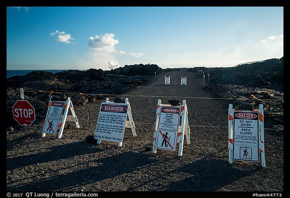 Road closure sign along new emergency road. Hawaii Volcanoes National Park (color)
