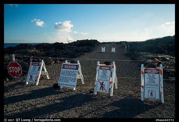 Road closure sign along new emergency road. Hawaii Volcanoes National Park (color)