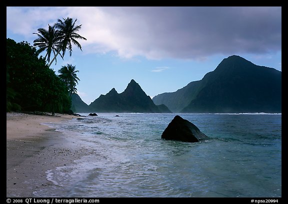 Sunuitao Peak and Piumafua mountain on Olosega Island from the South Beach, Ofu Island. National Park of American Samoa (color)