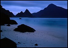Beach and pointed peaks at dusk, Ofu Island. National Park of American Samoa