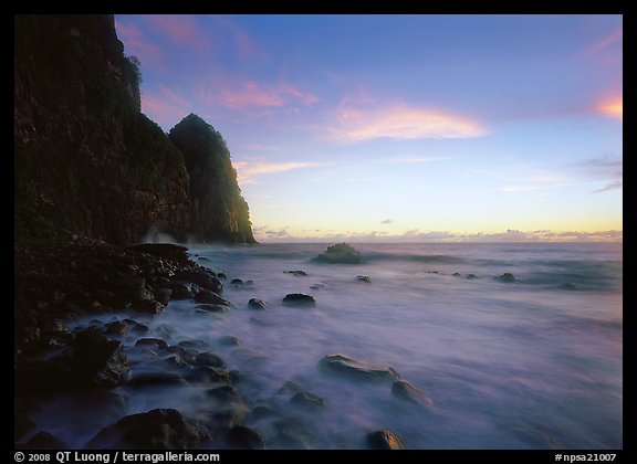 Foamy water and Pola Island at dawn, Tutuila Island. National Park of American Samoa