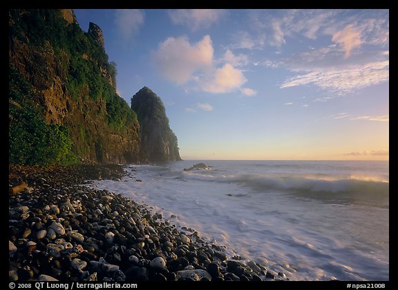 Beach with pebbles and Pola Island, early morning, Tutuila Island. National Park of American Samoa (color)