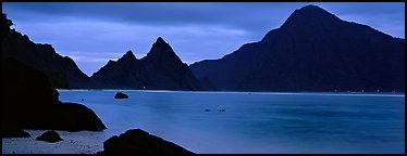 Bay with coastal peaks at dusk. National Park of American Samoa (Panoramic color)