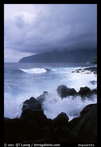 Stormy seascape with crashing waves and clouds, Siu Point, Tau Island. National Park of American Samoa