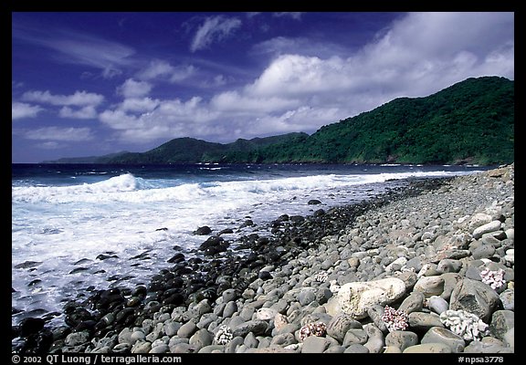 Beached coral heads and Vatia Bay, mid-day, Tutuila Island. National Park of American Samoa