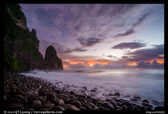 Pola Island, Boulders, surf, and clouds at sunrise. National Park of American Samoa (color)