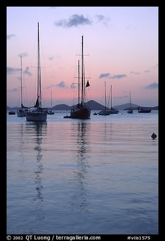 Sailboats in Cruz Bay harbor at sunset. Saint John, US Virgin Islands (color)