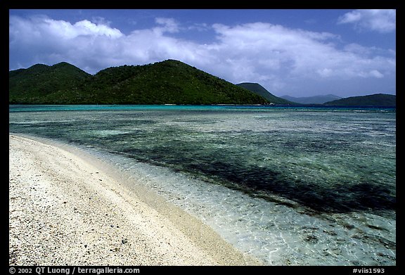 Beach, reef, and hills, Leinster Bay, morning. Virgin Islands National Park, US Virgin Islands.