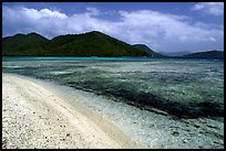 Beach, reef, and hills, Leinster Bay, morning. Virgin Islands National Park, US Virgin Islands.