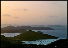 Hills, harbor and boats at sunrise, Coral bay. Virgin Islands National Park, US Virgin Islands. (color)