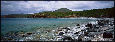 Bay lined with boulders and verdant hills. Virgin Islands National Park (Panoramic color)