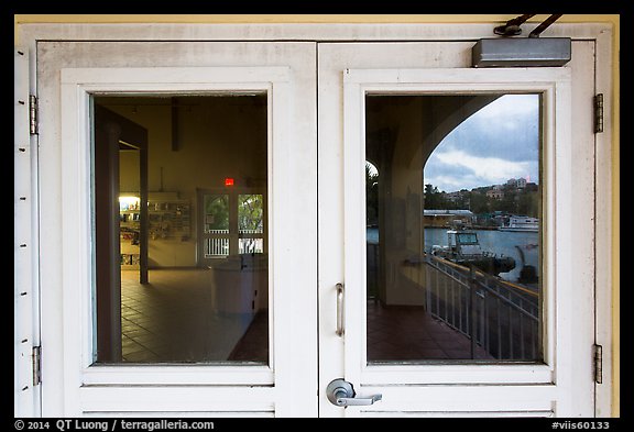 National Park Service harbor, Visitor Center window reflexion. Virgin Islands National Park (color)