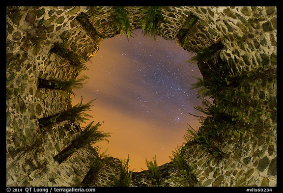 Looking up catherineberg Sugar Mill opening at night. Virgin Islands National Park, US Virgin Islands.