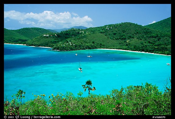 Turquoise waters in Francis Bay with anchored yacht. Virgin Islands National Park, US Virgin Islands.