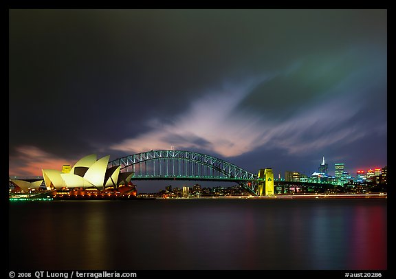 Opera House and Harbor Bridge at night. Sydney, New South Wales, Australia