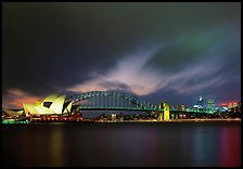 Opera House and Harbor Bridge at night. Sydney, New South Wales, Australia (color)