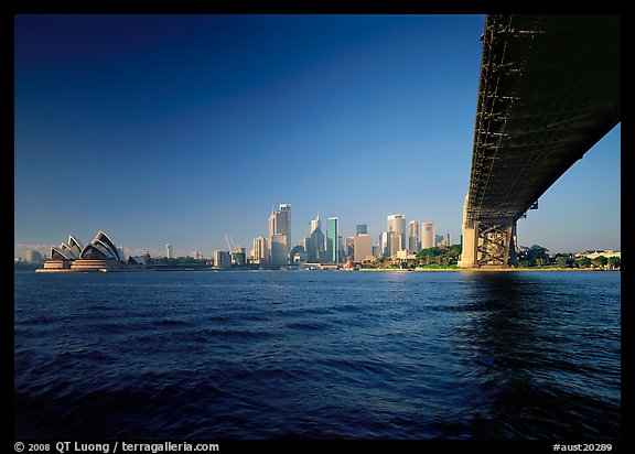 Harbor Bridge from below, skyline, and Opera House. Australia (color)