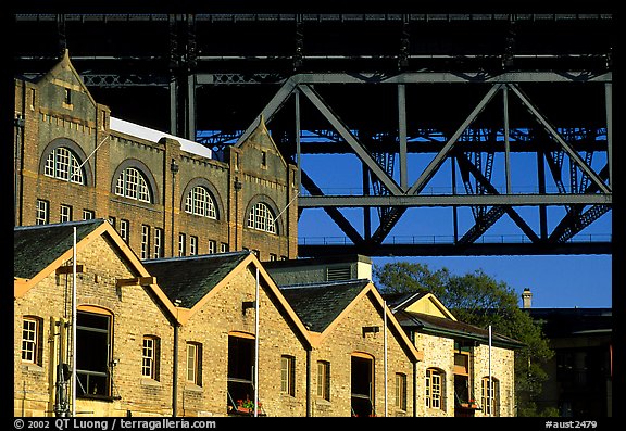 Colonial-era buildings of the Rocks and Harboor bridge. Sydney, New South Wales, Australia (color)