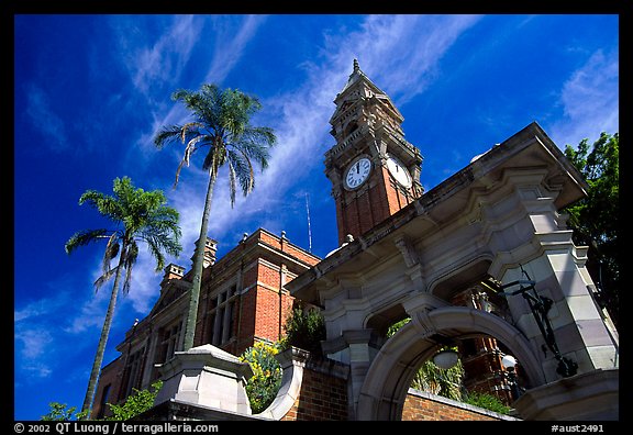 South Brisbane Town Hall, a red brick building with an ornate clock tower and archway. Brisbane, Queensland, Australia