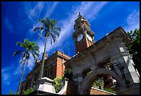 South Brisbane Town Hall, a red brick building with an ornate clock tower and archway. Brisbane, Queensland, Australia