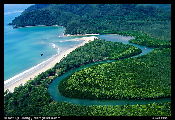 Aerial meandering river in rainforest and beach near Cape Tribulation. Queensland, Australia (color)