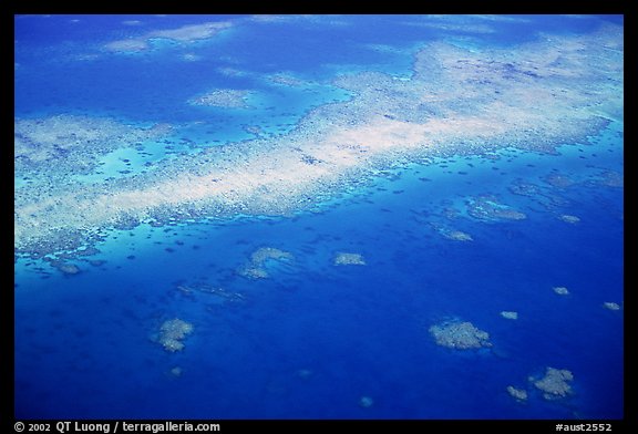 Aerial view of a sand bar and reef near Cairns. The Great Barrier Reef, Queensland, Australia (color)