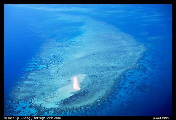 Aerial view of a sand bar and reef near Cairns. The Great Barrier Reef, Queensland, Australia