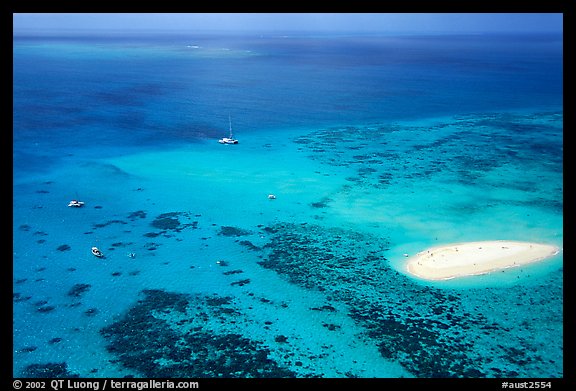 Aerial view of a reef and sand bar  near Cairns. The Great Barrier Reef, Queensland, Australia (color)