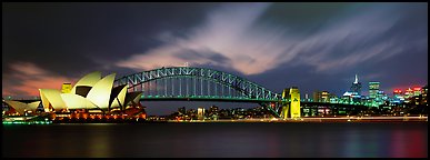 Sydney night view of opera house and Harbor Bridge. Sydney, New South Wales, Australia (Panoramic color)