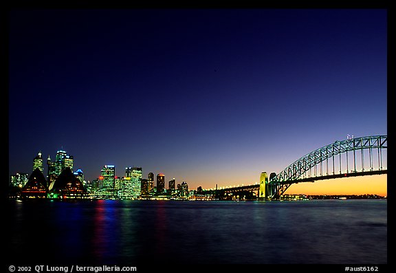 Skyline and Harbour bridge at night. Sydney, New South Wales, Australia (color)