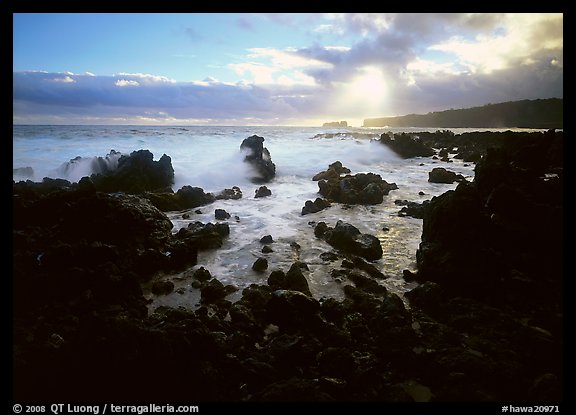 Rocks and surf at sunrise, Keanae Peninsula. Hawaii, USA (color)