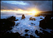 Sun and surf over rugged rocks, Kenae Peninsula. Maui, Hawaii, USA (color)