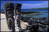 Polynesian god statues in Puuhonua o Honauau (Place of Refuge). Big Island, Hawaii, USA (color)