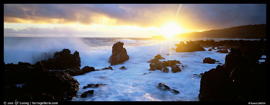 Primeval seascape with surf and rising sun. Maui, Hawaii, USA (color)