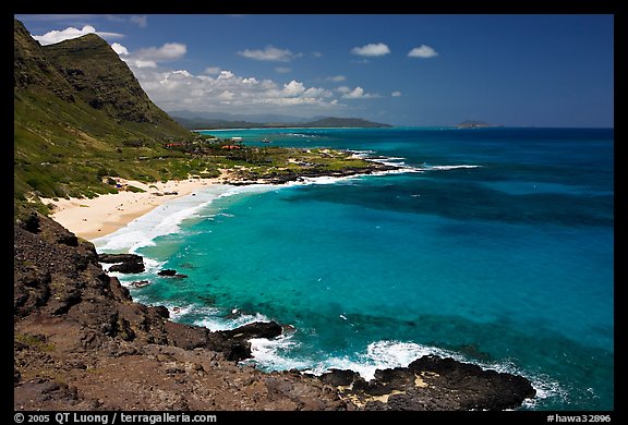 Makapuu Beach and turquoise waters, mid-day. Oahu island, Hawaii, USA (color)